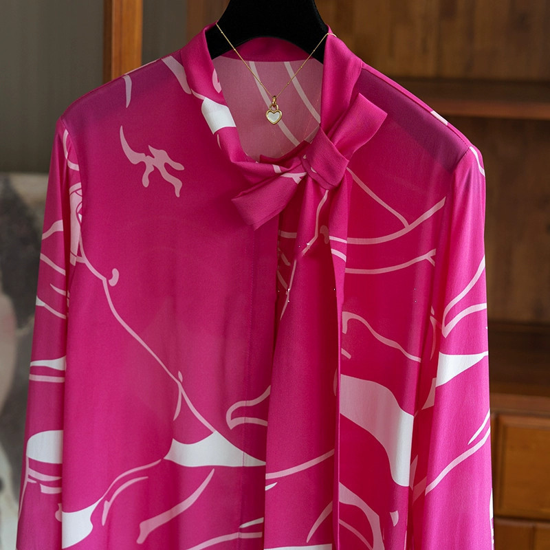FANIECES 3XL Prantsuse roosa trükitud naise pluus siidist satiinist särk Elegantne vaba pikkade varrukatega kontoris naiste kevad-sügistopsid 6842