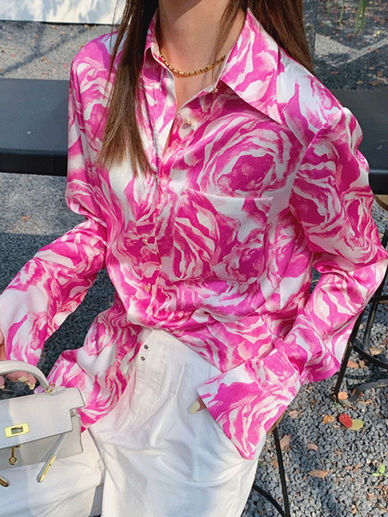 FANIECES Naiste pikkade varrukatega särgid ja pluusid Luksuslikud vintage-printeriga satiinist kontorisärk Elegantsed topid vabaaja tänavarõivad قمصان وبلوزات