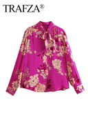 TRAFZA Ljetna široka bluza, ženske 2023. Trendovske, fuksija O-izrez i mašna ukras dugih rukava, ženske vintage košulje s jednim kopčanjem