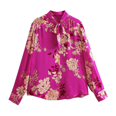 TRAFZA Ljetna široka bluza, ženske 2023. Trendovske, fuksija O-izrez i mašna ukras dugih rukava, ženske vintage košulje s jednim kopčanjem