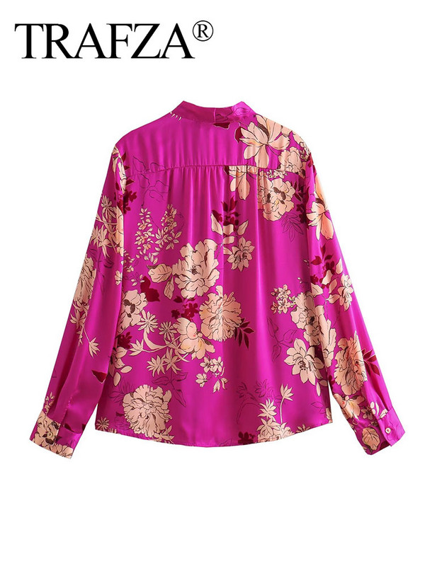 TRAFZA Ljetna široka bluza, ženske 2023. Trendovske, fuksija O-izrez i mašna ukras dugih rukava, ženske vintage košulje s jednim kopčanjem