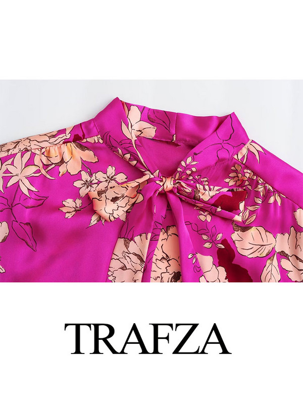 TRAFZA Ljetna široka bluza, ženske 2023. Trendovske, fuksija O-izrez i mašna ukras dugih rukava, ženske vintage košulje s jednim kopčanjem