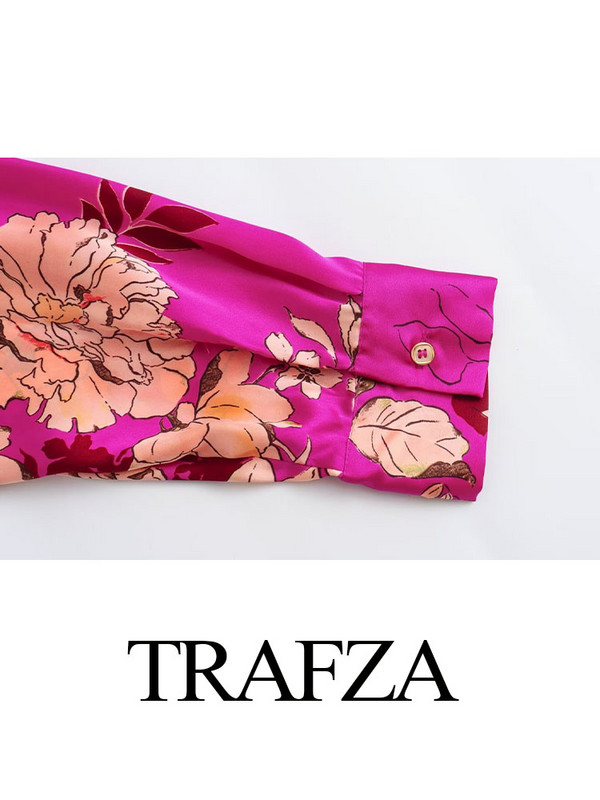 TRAFZA Ljetna široka bluza, ženske 2023. Trendovske, fuksija O-izrez i mašna ukras dugih rukava, ženske vintage košulje s jednim kopčanjem