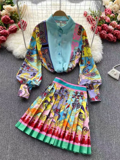 Ženska modna luksuzna majica s printom + plisirana mini suknja Novi proljeće jesen Vintage dugmići s gumbima Setovi od 2 komada za zabave