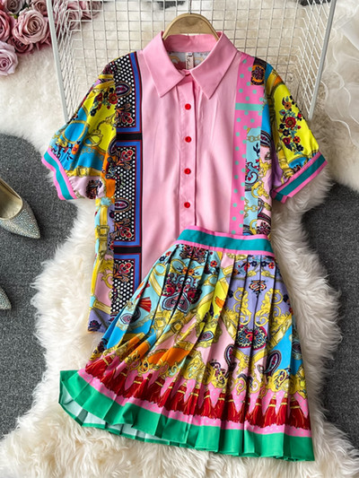 Ženska modna luksuzna majica s printom + plisirana mini suknja Novi proljeće jesen Vintage dugmići s gumbima Setovi od 2 komada za zabave