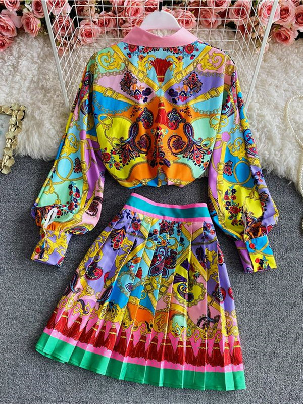 Ženska modna luksuzna majica s printom + plisirana mini suknja Novi proljeće jesen Vintage dugmići s gumbima Setovi od 2 komada za zabave