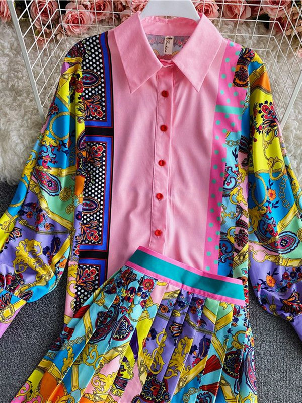 Ženska modna luksuzna majica s printom + plisirana mini suknja Novi proljeće jesen Vintage dugmići s gumbima Setovi od 2 komada za zabave