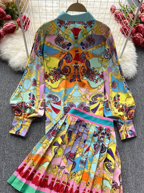 Ženska modna luksuzna majica s printom + plisirana mini suknja Novi proljeće jesen Vintage dugmići s gumbima Setovi od 2 komada za zabave