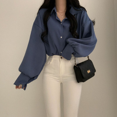 Minimalista ingek Lámpás ujjú női irodai női Рубашки felsők Tiszta színű Harajuku Elegáns alkalmi koreai S-3XL divatos ruházat