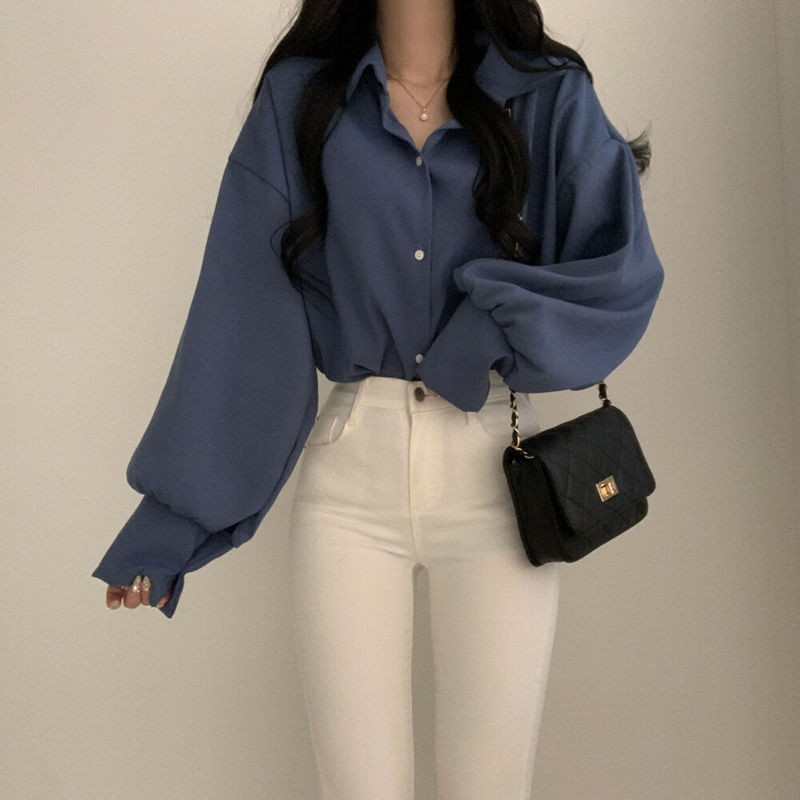 Minimalista ingek Lámpás ujjú női irodai női Рубашки felsők Tiszta színű Harajuku Elegáns alkalmi koreai S-3XL divatos ruházat