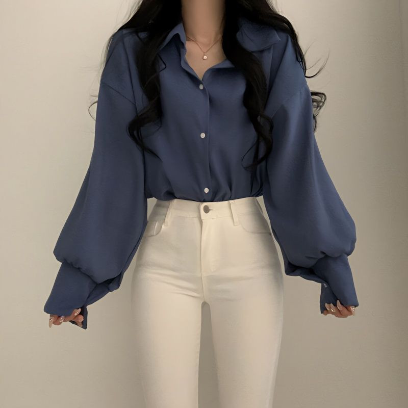 Minimalista ingek Lámpás ujjú női irodai női Рубашки felsők Tiszta színű Harajuku Elegáns alkalmi koreai S-3XL divatos ruházat