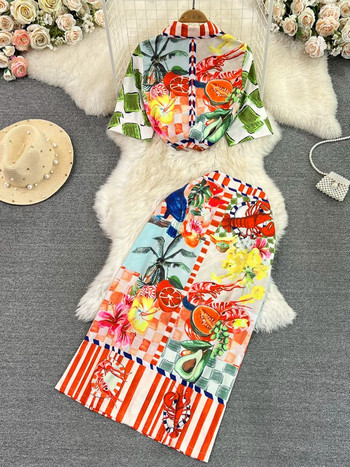 Summer Runway Fruit Flower Print Two Piece Σετ Γυναικεία μισό μανίκι πουκάμισο με στήθος μπλουζάκι + ψηλόμεσο κοστούμι μίντι φούστα