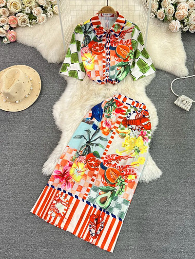Vasaras skrejceļa augļu ziedu apdrukas divu gabalu komplekti sieviešu krekla augšdaļai ar puspiedurknēm + kabatas midi svārku uzvalks ar augstu vidukli