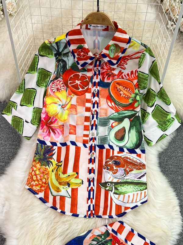 Vasaras skrejceļa augļu ziedu apdrukas divu gabalu komplekti sieviešu krekla augšdaļai ar puspiedurknēm + kabatas midi svārku uzvalks ar augstu vidukli