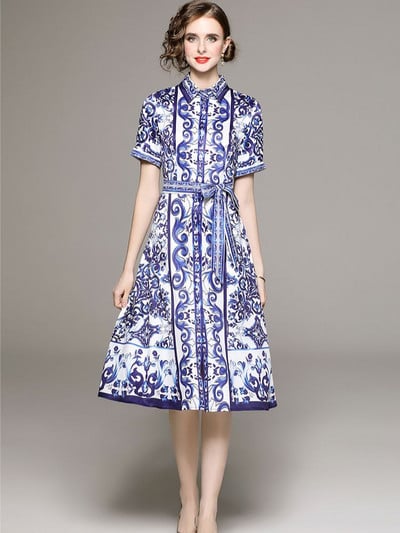 Skrejceļa modes vasaras apdrukas kreklkleita sievietēm ar īsām piedurknēm ar vienrindu mežģīņu jostu senlaicīgu brīvdienu Vestidos ikdienas lietošanai