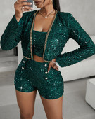 Modes trīsdaļīgs komplekts sievietēm, 2023. gada izdilis, viscaur sequin Bandeau topi un pogām dekorēti šorti ar ķēdes dekoru žakete