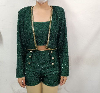 Fashion Σετ 3 τεμαχίων για γυναίκες 2023 Skinny Allover Sequin Bandeau μπλουζάκια και διακοσμητικά σορτς με κουμπιά Σετ με παλτό Blazer Decor με αλυσίδα