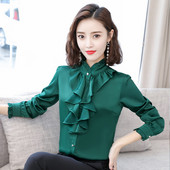 Primăvară Toamnă Bluze elegante coreene Ciupercă de copac Volană Mockwork Mock Gât Button Up Manecă lungă Office Doamne Work OL Cămăși Top