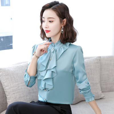 Primăvară Toamnă Bluze elegante coreene Ciupercă de copac Volană Mockwork Mock Gât Button Up Manecă lungă Office Doamne Work OL Cămăși Top