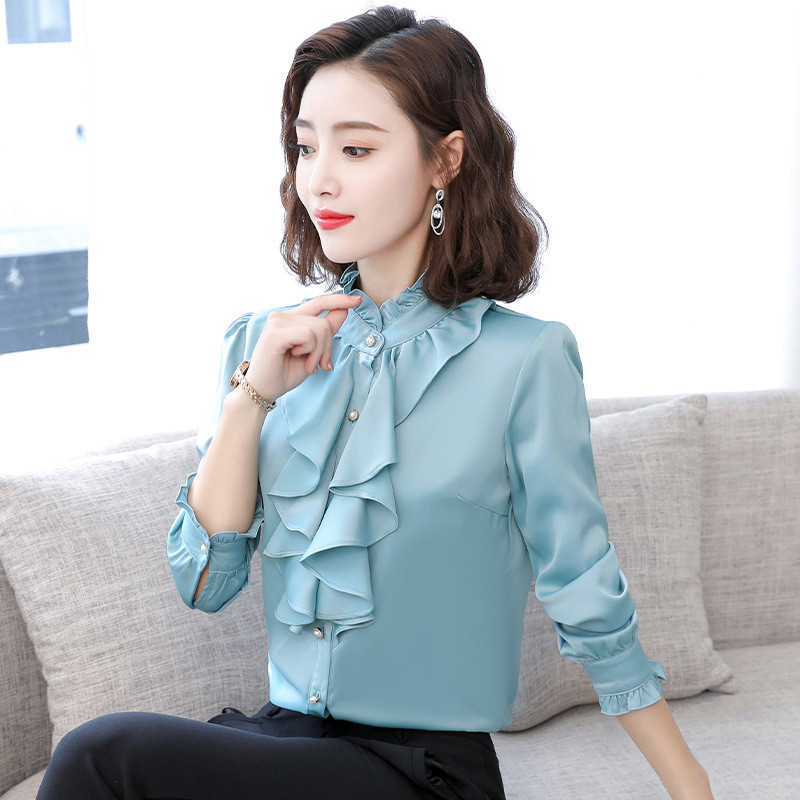 Primăvară Toamnă Bluze elegante coreene Ciupercă de copac Volană Mockwork Mock Gât Button Up Manecă lungă Office Doamne Work OL Cămăși Top