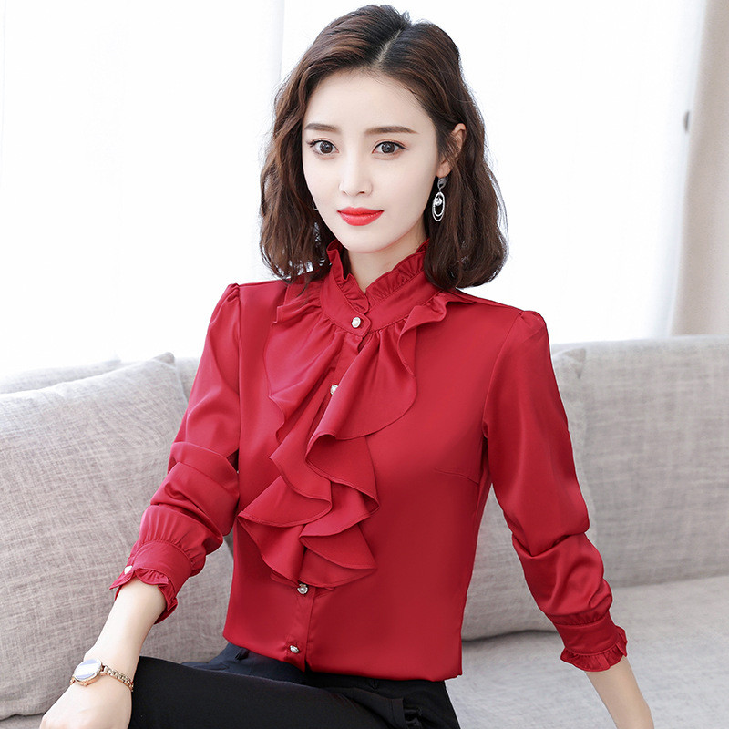 Primăvară Toamnă Bluze elegante coreene Ciupercă de copac Volană Mockwork Mock Gât Button Up Manecă lungă Office Doamne Work OL Cămăși Top