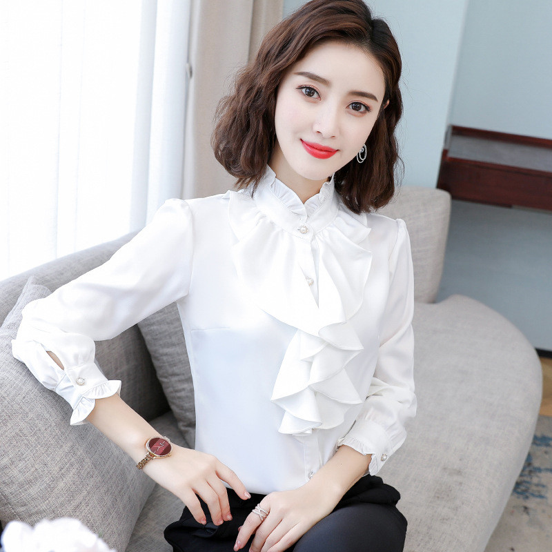 Primăvară Toamnă Bluze elegante coreene Ciupercă de copac Volană Mockwork Mock Gât Button Up Manecă lungă Office Doamne Work OL Cămăși Top