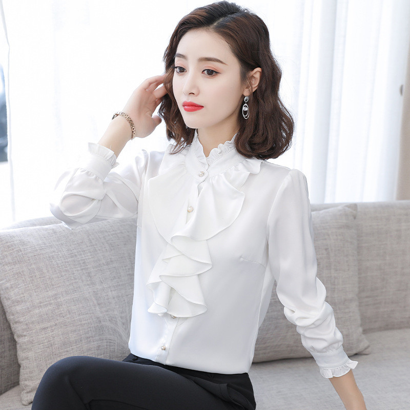 Primăvară Toamnă Bluze elegante coreene Ciupercă de copac Volană Mockwork Mock Gât Button Up Manecă lungă Office Doamne Work OL Cămăși Top