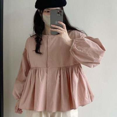 Cămăși Femei Largi S-3XL Crop Solid Pliuri Mâneci bufante Scolărie Coreeană Timp liber Simplu All-metch Nou Sosiri Primăvară Chic La modă