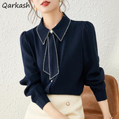 S-3XL Smart Krekli Sieviešu Lente Mājīgs Vispārpiemērots Darba apģērbs Pamata savārstījums Šifons Maigs Francijas biroja biznesa apģērbs Eleganti