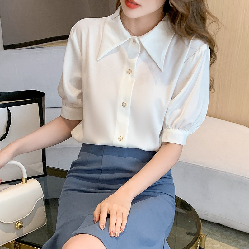 Ljetna ženska košulja od šifona kratkih rukava u zapadnom stilu s retro gumbima Chemise Femme Bijela košulja Ženske majice Camisas De Mujer C147