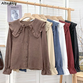 Kawaii krekli Sieviešu brīvi S-3XL Lolita Sweet Girlish Preppy Bandage Peter Pan Collar Chemise Femme Ruffles Harajuku 6-Color Chic