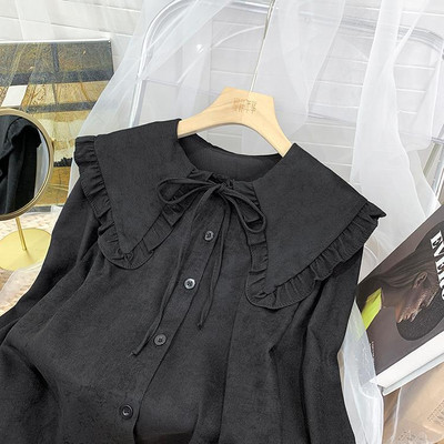 Kawaii krekli Sieviešu brīvi S-3XL Lolita Sweet Girlish Preppy Bandage Peter Pan Collar Chemise Femme Ruffles Harajuku 6-Color Chic