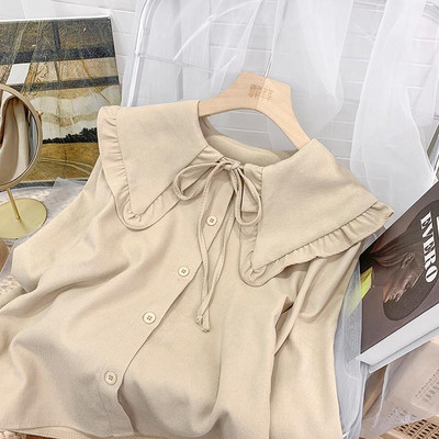 Kawaii krekli Sieviešu brīvi S-3XL Lolita Sweet Girlish Preppy Bandage Peter Pan Collar Chemise Femme Ruffles Harajuku 6-Color Chic