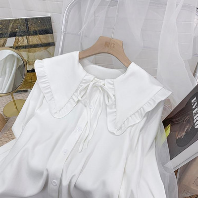 Kawaii krekli Sieviešu brīvi S-3XL Lolita Sweet Girlish Preppy Bandage Peter Pan Collar Chemise Femme Ruffles Harajuku 6-Color Chic