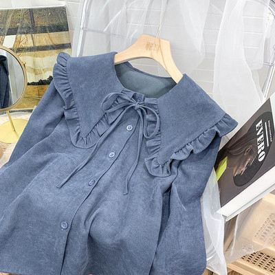 Kawaii krekli Sieviešu brīvi S-3XL Lolita Sweet Girlish Preppy Bandage Peter Pan Collar Chemise Femme Ruffles Harajuku 6-Color Chic