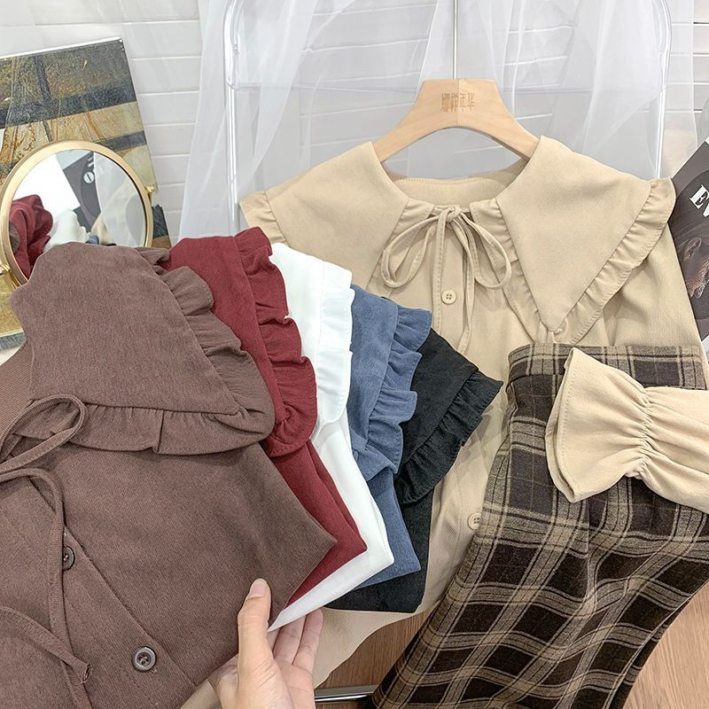 Kawaii krekli Sieviešu brīvi S-3XL Lolita Sweet Girlish Preppy Bandage Peter Pan Collar Chemise Femme Ruffles Harajuku 6-Color Chic