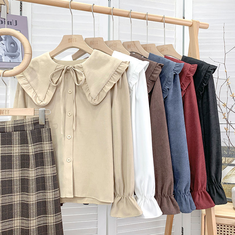 Kawaii krekli Sieviešu brīvi S-3XL Lolita Sweet Girlish Preppy Bandage Peter Pan Collar Chemise Femme Ruffles Harajuku 6-Color Chic