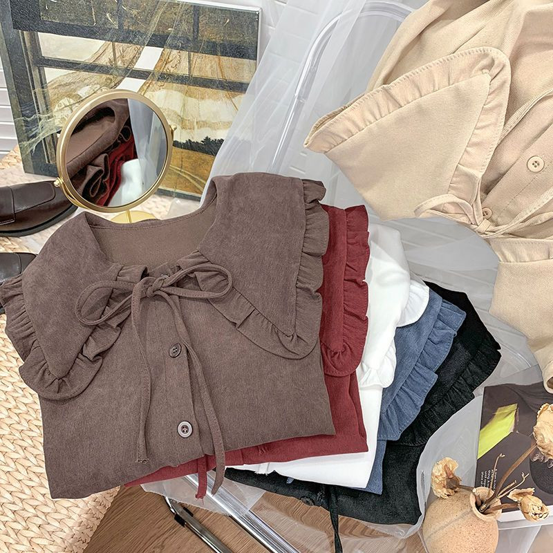 Kawaii krekli Sieviešu brīvi S-3XL Lolita Sweet Girlish Preppy Bandage Peter Pan Collar Chemise Femme Ruffles Harajuku 6-Color Chic