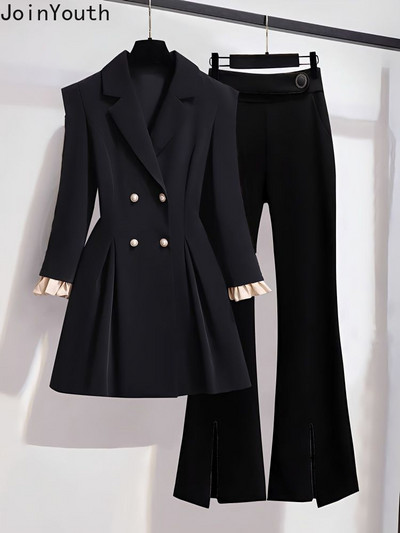Kaheosalised komplektid Naiste riided Kaherealine õhuke vööga mantel Kõrge vöökohaga tuunika Püksid Komplektid Roupas Femme Temperament Ülikond 7n412