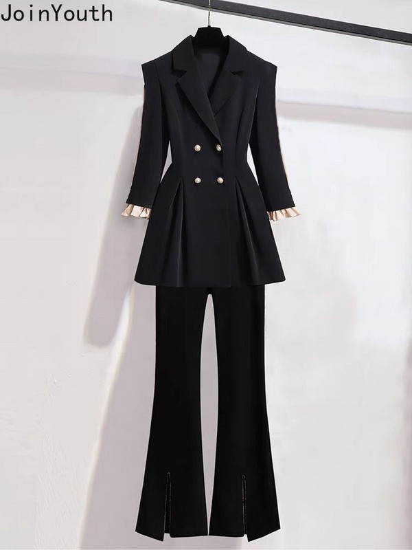 Kaheosalised komplektid Naiste riided Kaherealine õhuke vööga mantel Kõrge vöökohaga tuunika Püksid Komplektid Roupas Femme Temperament Ülikond 7n412