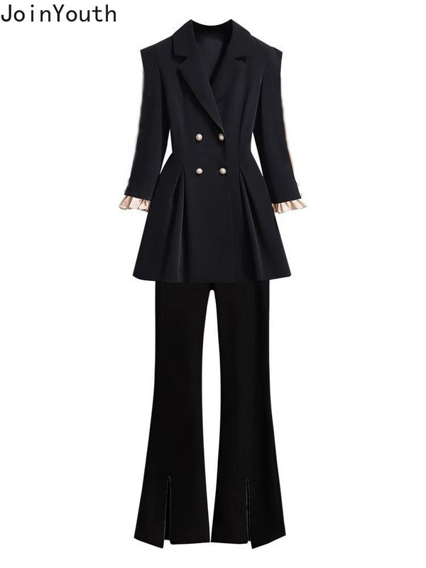 Kaheosalised komplektid Naiste riided Kaherealine õhuke vööga mantel Kõrge vöökohaga tuunika Püksid Komplektid Roupas Femme Temperament Ülikond 7n412