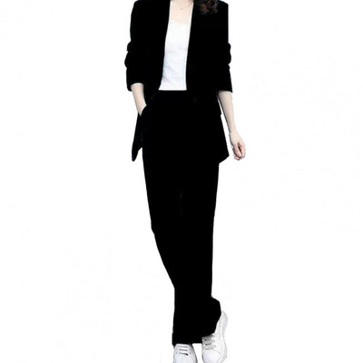 2 tk/komplekt naiste mantlipükste ülikond, pidulik äristiilis pikkade varrukatega sirge laia säärega reisijaki pükste komplekt