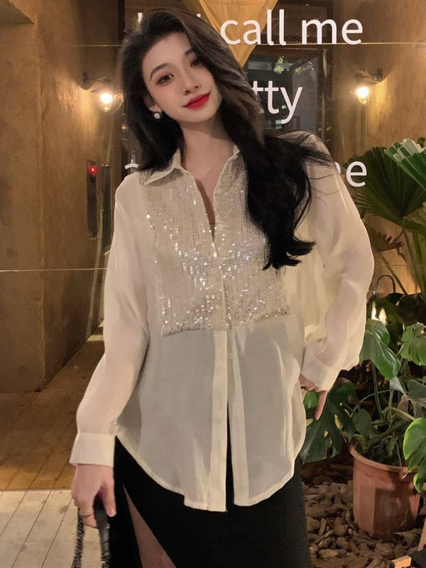 Särgid Naised Elegantne Mood Lihtne Kõiksobiv Vaba aeg Bling Pehme kujundus Kevadine Prantsuse stiil S-4XL Mugav lahtikäiv krae