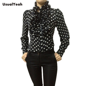 Нова гореща мода Корейски стил Винтидж шифон на точки Дамска блуза по тялото Горнища Риза с яка с волани SML XL SY0185