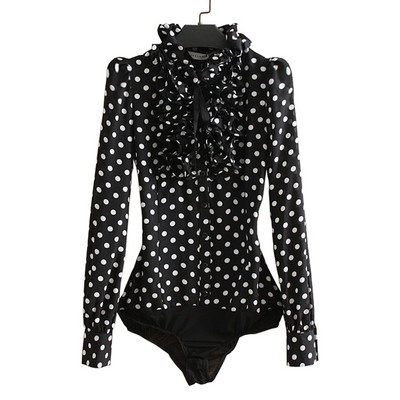 Uus kuum mood Korea stiilis vintage šifoon täppidega naiste keha pluus Topid särk Stant krae volangid SML XL SY0185