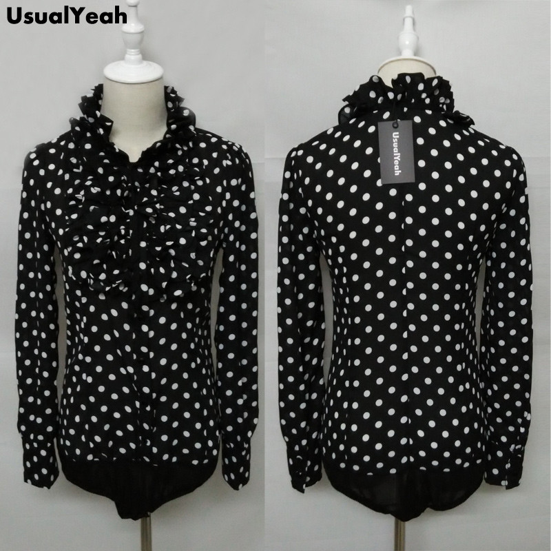 Uus kuum mood Korea stiilis vintage šifoon täppidega naiste keha pluus Topid särk Stant krae volangid SML XL SY0185