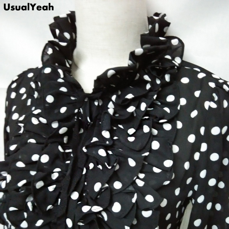 Uus kuum mood Korea stiilis vintage šifoon täppidega naiste keha pluus Topid särk Stant krae volangid SML XL SY0185