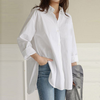Едноцветна извънгабаритна риза Дамски ризи в корейски стил Офис дама Елегантна блуза с дълъг ръкав Блузи Работно облекло Горнища S-5XL