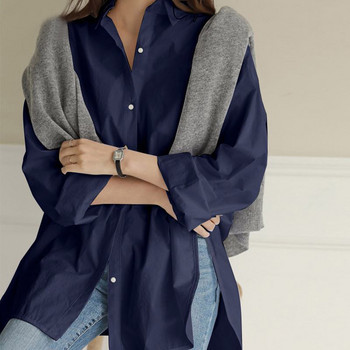 Едноцветна извънгабаритна риза Дамски ризи в корейски стил Офис дама Елегантна блуза с дълъг ръкав Блузи Работно облекло Горнища S-5XL