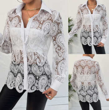 Дамска елегантна дантелена риза с дълги ръкави Темпераментно дамско ежедневно облекло Дамска мода Полупрозрачни блузи с ревер